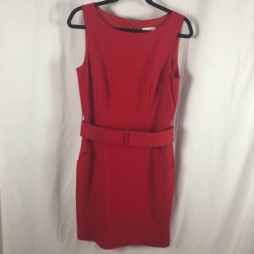 Calvin Klein Red Sleeveless Belted Dress
